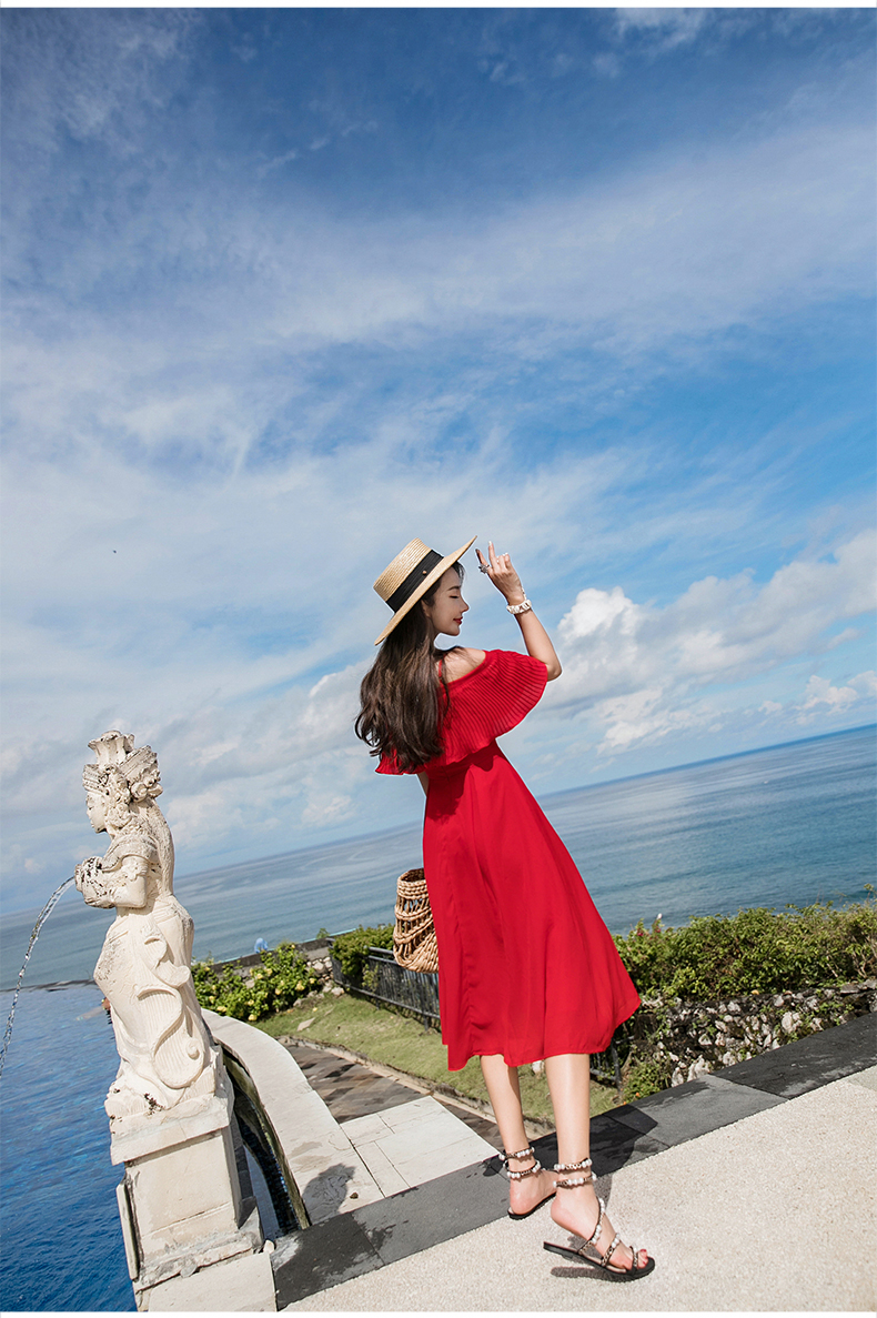 ชุดแมกซี่เดรสยาวคลุมเข่า สายเดี่ยวแต่งระบาย สีแดง เดรสเที่ยวละเล เดรสใส่เที่ยวชิวๆ XL