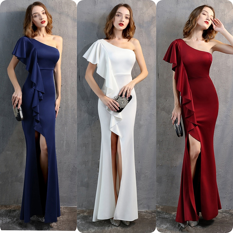 kudapy เดรสยาวสีกรม/สีขาว/สีแดง ชุดราตรียาวออกงานมาใหม่ ดีไซน์ไหล่เดียวแต่งระบาย กระโปรงผ่าหน้า ผ้าสปริงตัวเข้ารูปสวย (ผ้ายืดตามหุ่นคนใส่) ผ้าไม่บาง หนาปานกลาง ใส่ไม่โป้ะค่ะ