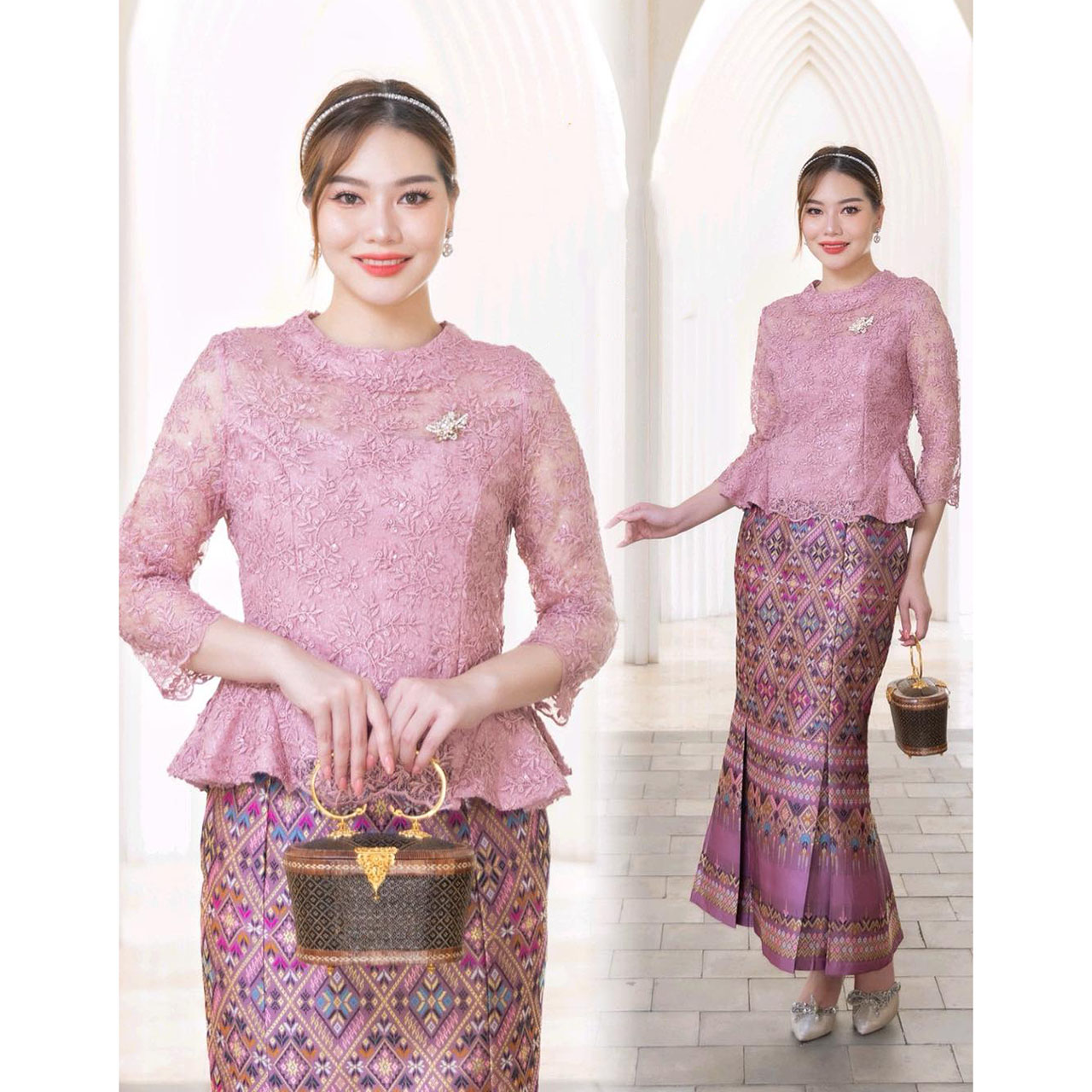 kudapy เสื้อลูกไม้ใยบวบฝรั่งเศษ+ผ้าถุงผ้าฝ้ายแพรวากาฬสินทร์สำเร็จรูปอัดกาวอย่างดี