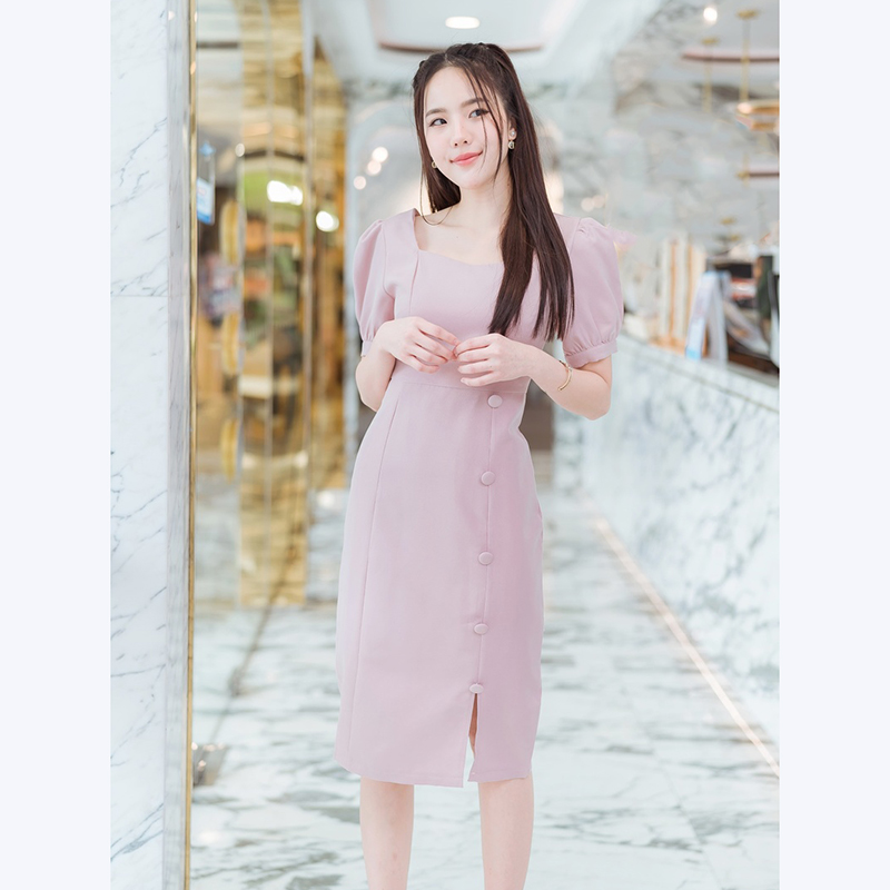 kudapy เดรสสั้นสีกรม,ชมพู ใส่ทำงานแต่งกระดุมสวยดูดี