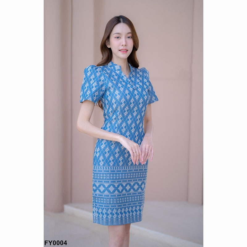 kudapy เดรสสั้นสีเทา/สีกรม/สีชมพู ผ้าไทยคอปีนลายขอ