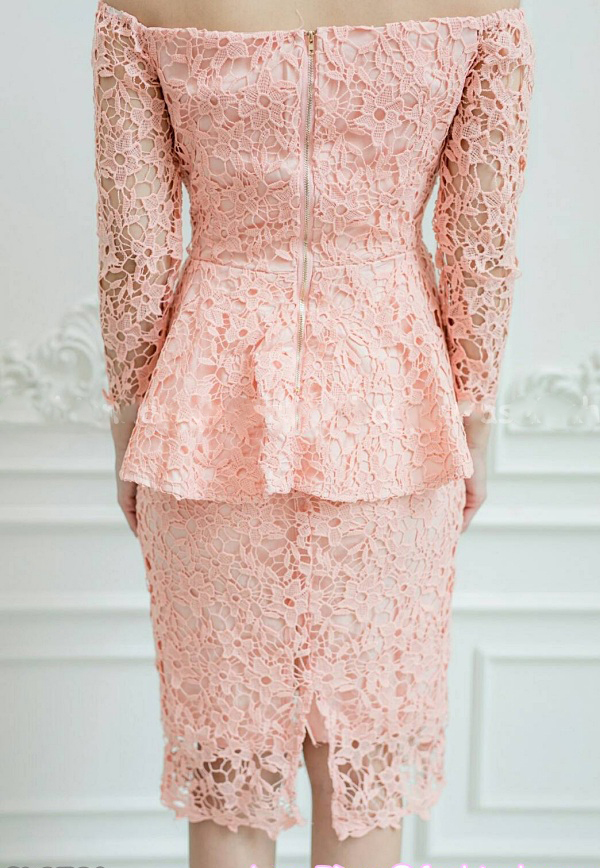 เดรสสีโอรส ลูกไม้เปิดไหล่เอวระบาย ผ้าลูกไม้ทอแน่น งานละเอียดปราณีตสุดๆ