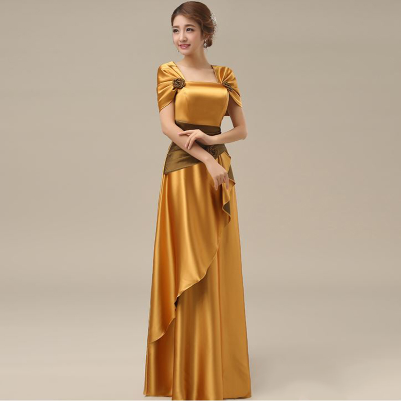 kudapy ชุดราตรียาวสีทอง ปิดไหล่ แต่งดอกกุหลาบจับจีบสวย ผ้าซาติน