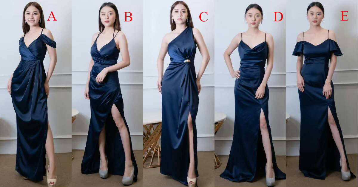kudapy ชุดราตรีไปงานสีกรมท่า เดรสยาวเปิดไหล่ทรงเข้ารูป มีทั้งหมด 5 แบบ