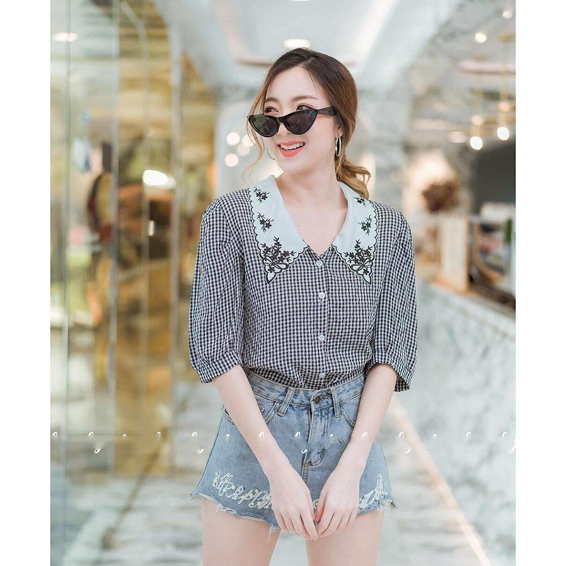 kudapy เสื้อลายสกอตแขนศอกสีขาวดำ แต่งปกปักลาย งานน่ารักมาก