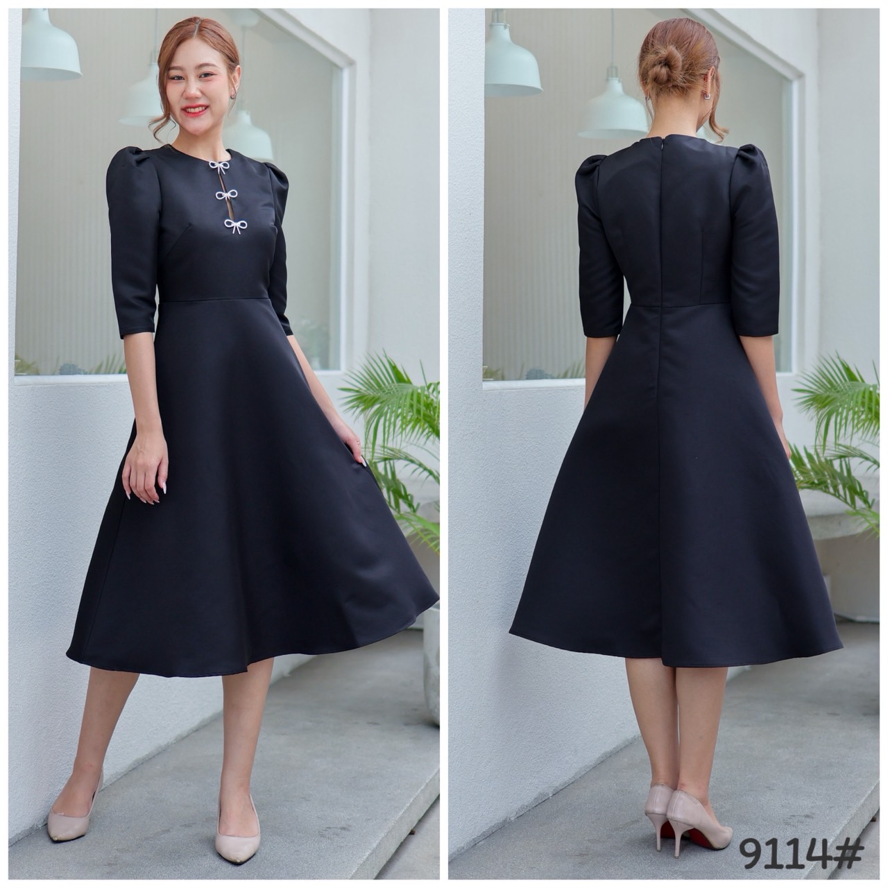 kudapy เดรสสัน ออกงาน ทรงสุภาพ มีเข็มกลัด3ชิ้น คัตติ้งเริศแบบอลัง เข้ารูป เก็บทรง กระโปรงบาน