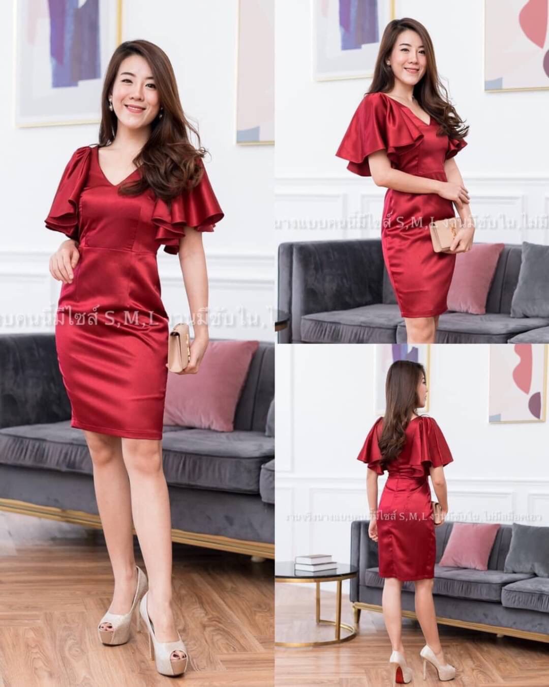 kudapy เดรสสั้นคอวี แขนระบาย ทรงเข้ารูป ผ้าเปเป้ไม่ยืด สีชมพูพิ้งโกลด์,แดงไวน์,นู้ด(ทองอ่อน),โอวัลติน,น้ำตาลอิฐ ,มิ้นหม่น,ฟ้าเข้มอมเทา ,เขียวทะเล, เทา ,ส้มอิฐ,โอรสโกลด์