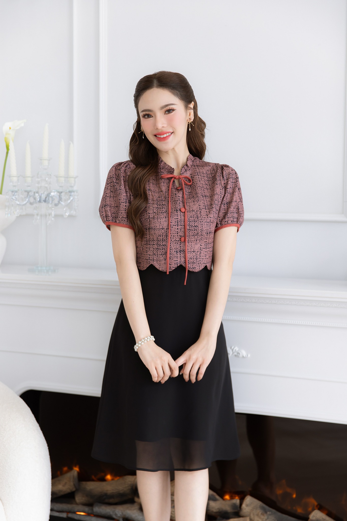 kudapy เดรสผ้าพิมพ์ลายกระโปรงชีฟอง ด้านบนเป็นผ้าพิมพ์ลายอัดกาวอยู่ทรง กระโปรงชีฟองสวยพริ้วใส่สบาย