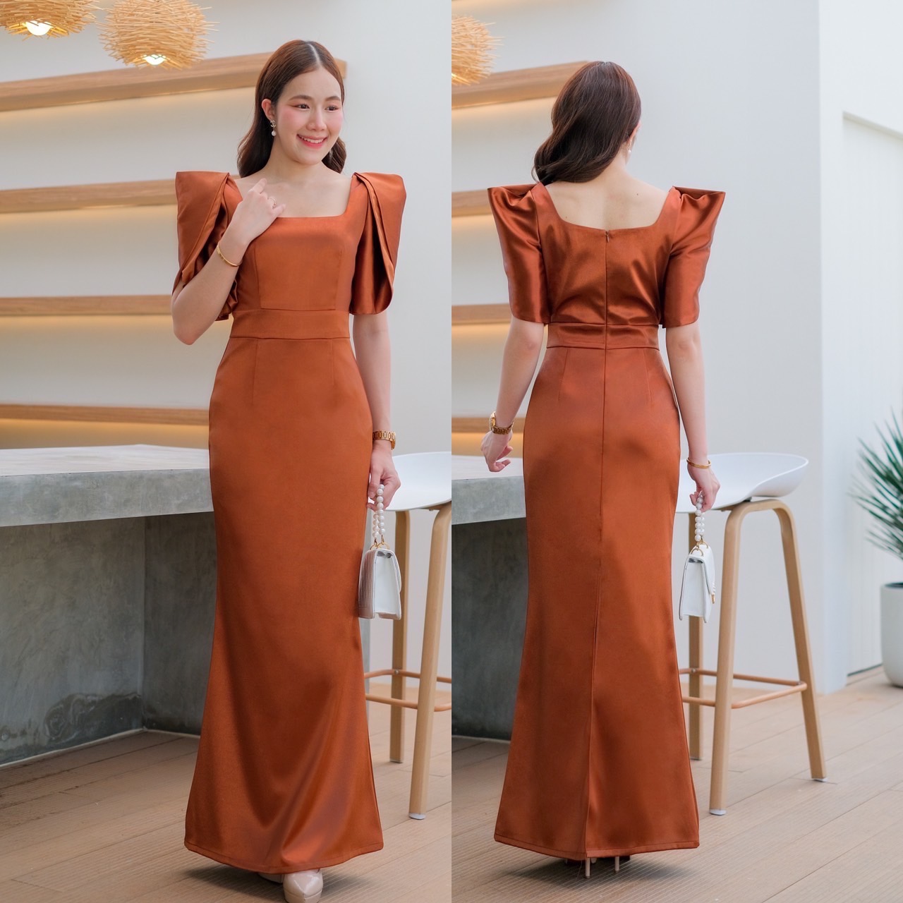 kudapy kudapy เดรสราตรียาว แขนสั้น ดีเทลแขนกลีบดอกไม้สองชั้น คอเหลี่ยม กระโปรงหางปลา ซิปหลังใส่ง่าย