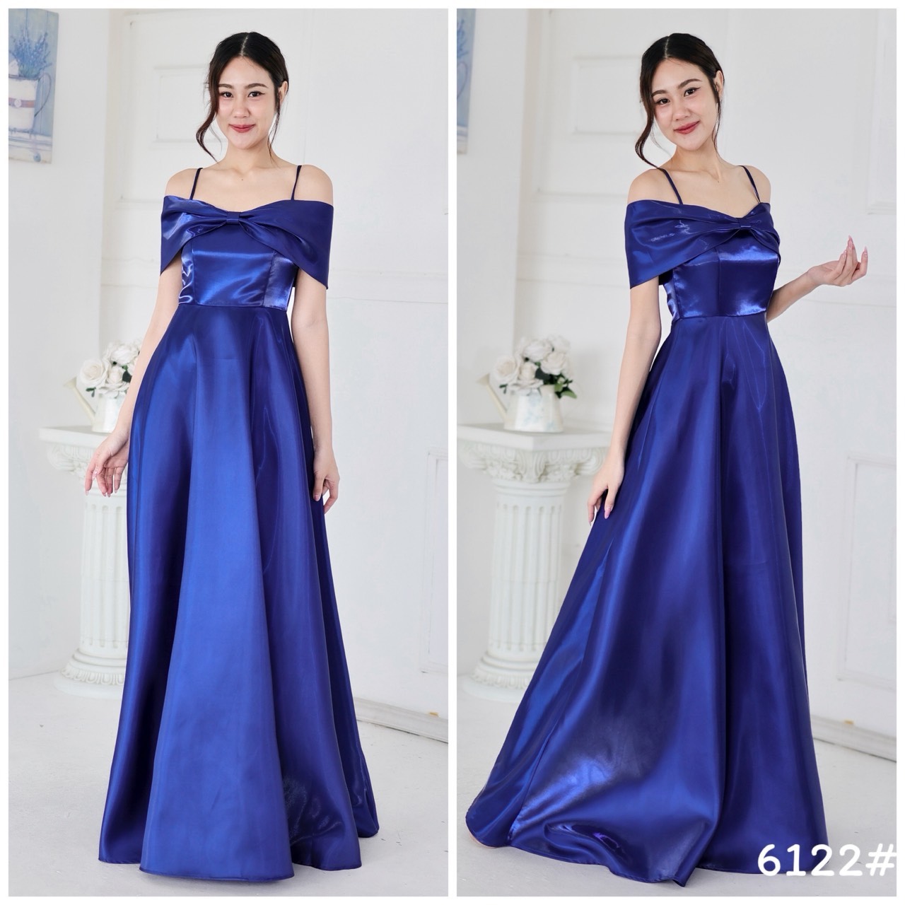 kudapy เดรสยาวเปิดบ่า กระโปรงบาน ทรงสวยเอวสูง ความยาวปิดข้อเท้า ผ้าไม่ยืด มีซับในทั้งตัว