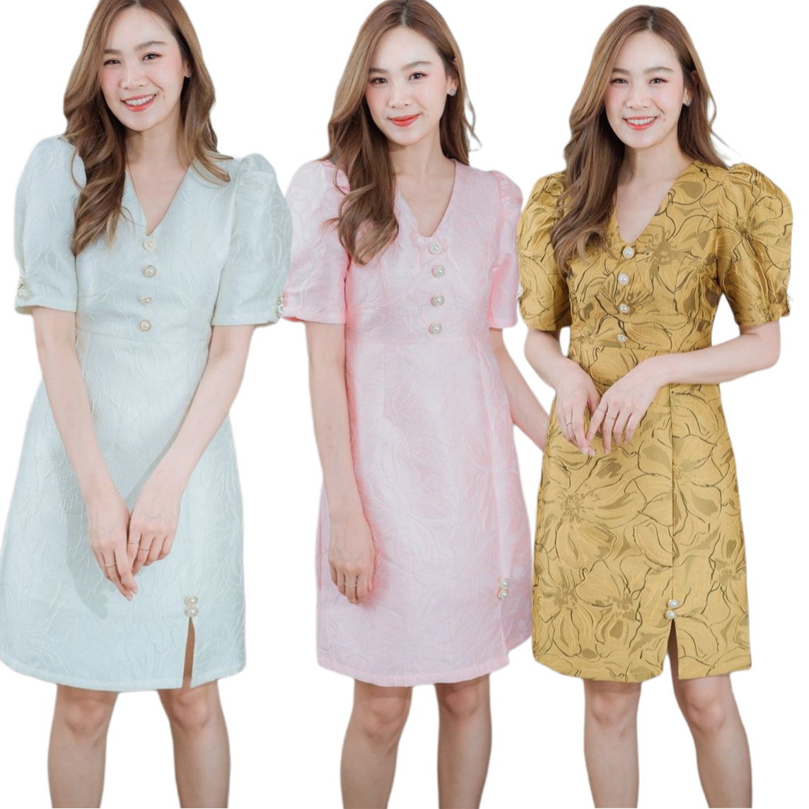 kudapy เดรสสั้นแขนพองสีเหลือง สีขาว สีชมพู เดรสสั้นคอวีแต่งกระดุมหน้า ช่วงล่างผ่าหน้าแต่งกระดุม 2 เม็ด ทรงเข้ารูป