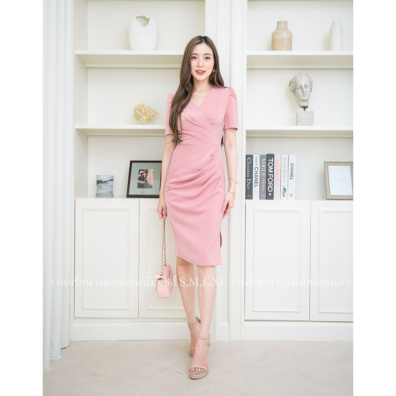 kudapy เดรสสั้นสีน้ำเงินกรมท่า/สีชมพู แขนสั้น คอวี ทรงเข้ารูป แนวเรียบร้อย สวย ดูดี ชุดเดรสทำงาน