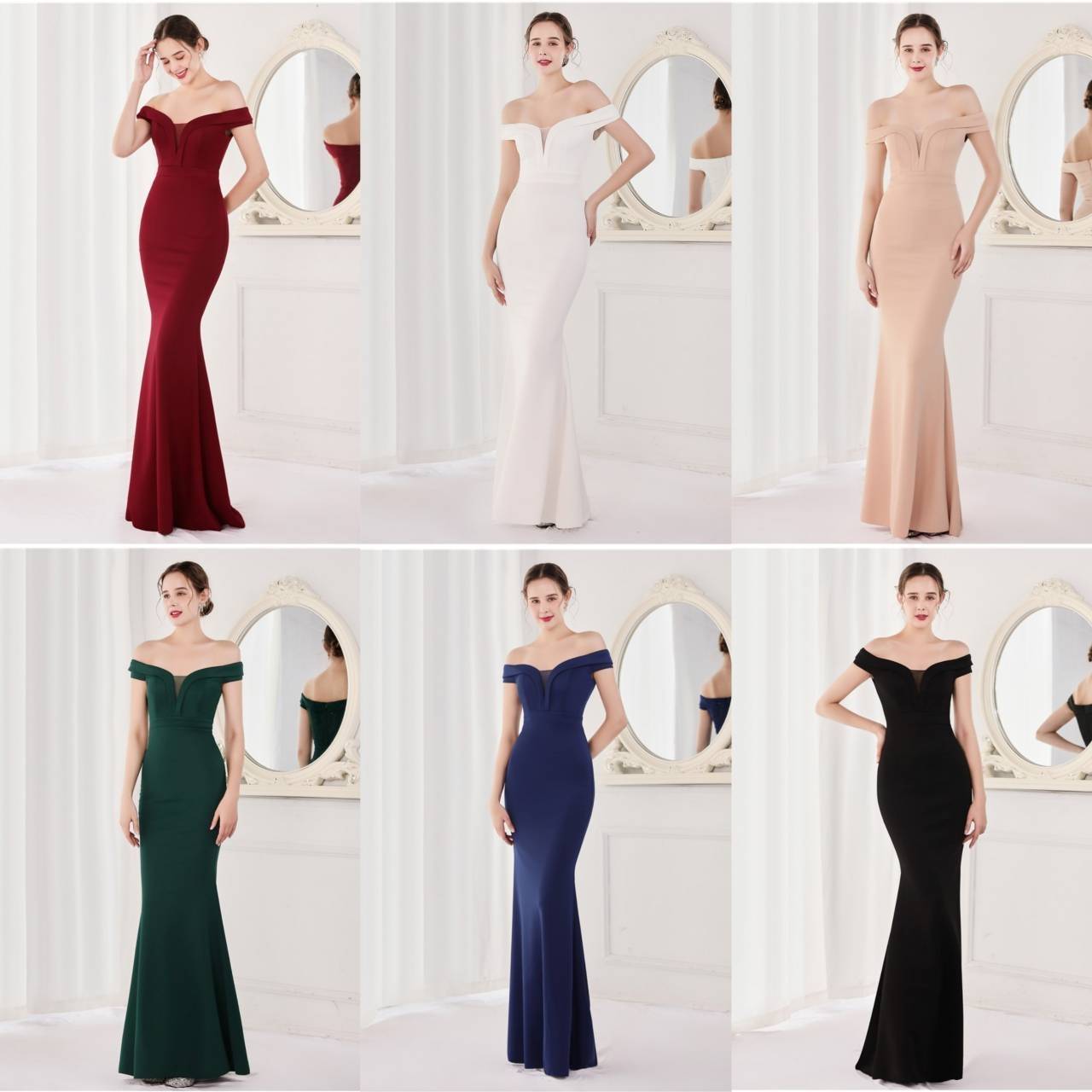 kudapy ชุดราตรียาวเปิดไหล่กริสเตอร์ทอแสง สีแดงไวน์ สีดำ สีขาว สีครีม สีเขียว สีน้ำเงินกรมท่า เดรสเกาะแขน เนื้อผ้าขยายได้ สวมเข้ารูป ทรงสวย เรียบหรู มีบราเย็บติดข้างในชุด ซิปหลัง