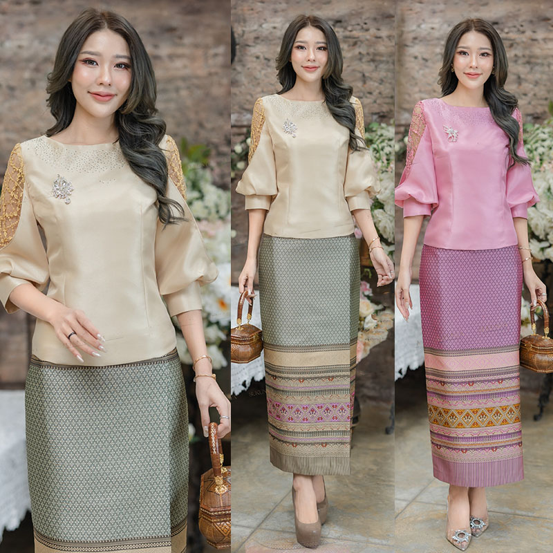 kudapy เสื้อลูกไม้สีชมพู/สีทอง คอกลอมตอกเลียมตรงคอ แขนทรงบอลลูนผ่าแต่งด้วยลูกไม้เนื้อดี ช่วงตัวอัดกาวมาพร้อมซับในและชิปซ่อนหลัง