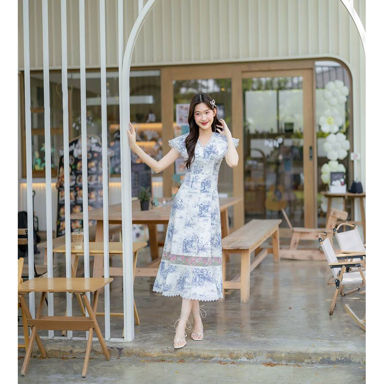 kudapy เดรสยาวสั้นสชมพู/สีฟ้า คอปกแต่งระบาย