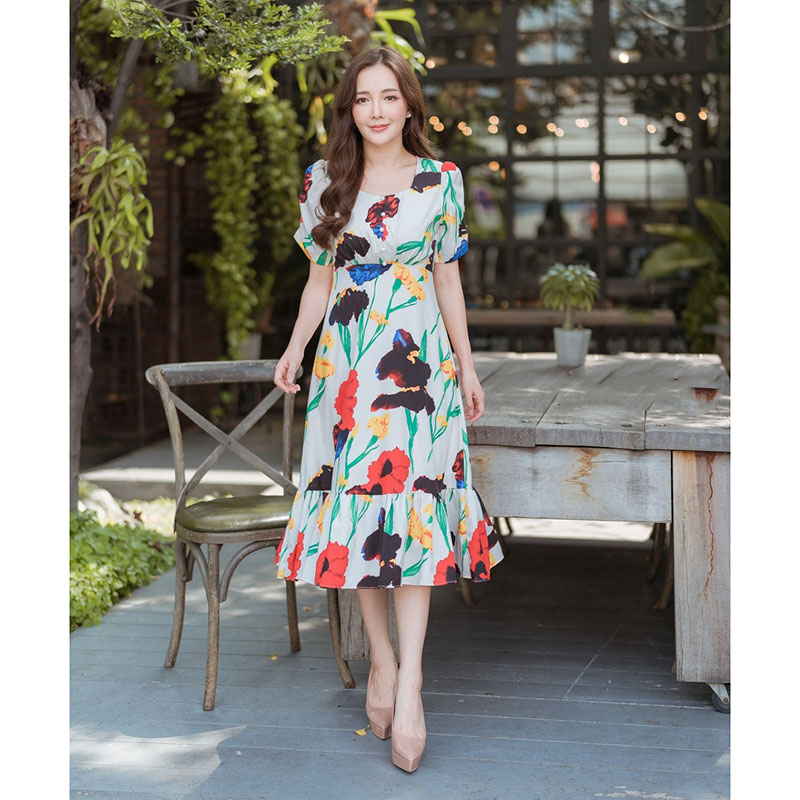 kudapy เดรสั้นสั้นพิมพ์ลายดอกสีกรม,สีแดง แต่งหางปลาลายมะนาวใส่สบายสวยดูดี