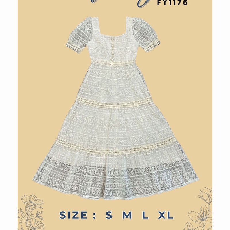 kudapy เดรสยาวสีขาว เดรสไปทะเลแขนสั้น จั้มปลายแขน ลูกไม้ปักทรงบานยาว ใส่สบายสวยดูดี