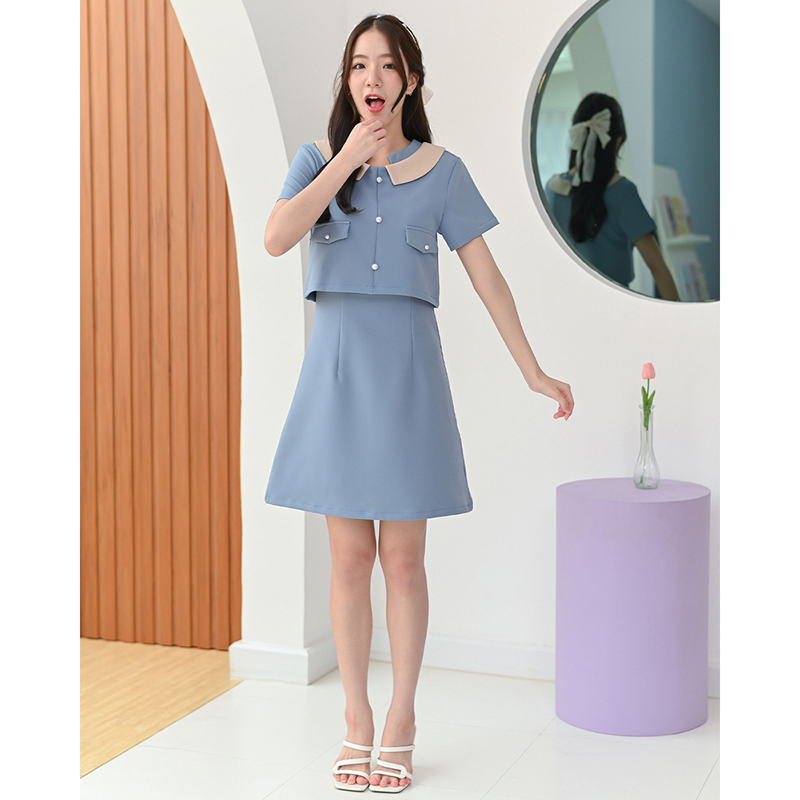 kudapy เดรสสั้นสีมิ้นท์อ่อน/สีฟ้า คอกลมแขนสั้น ตัดต่อเล่นสีคอปก ตัดต่อตัวเหมือนใส่แยกชิ้นทรงสวยเข้าเอว แต่งกระเป๋าหลอก