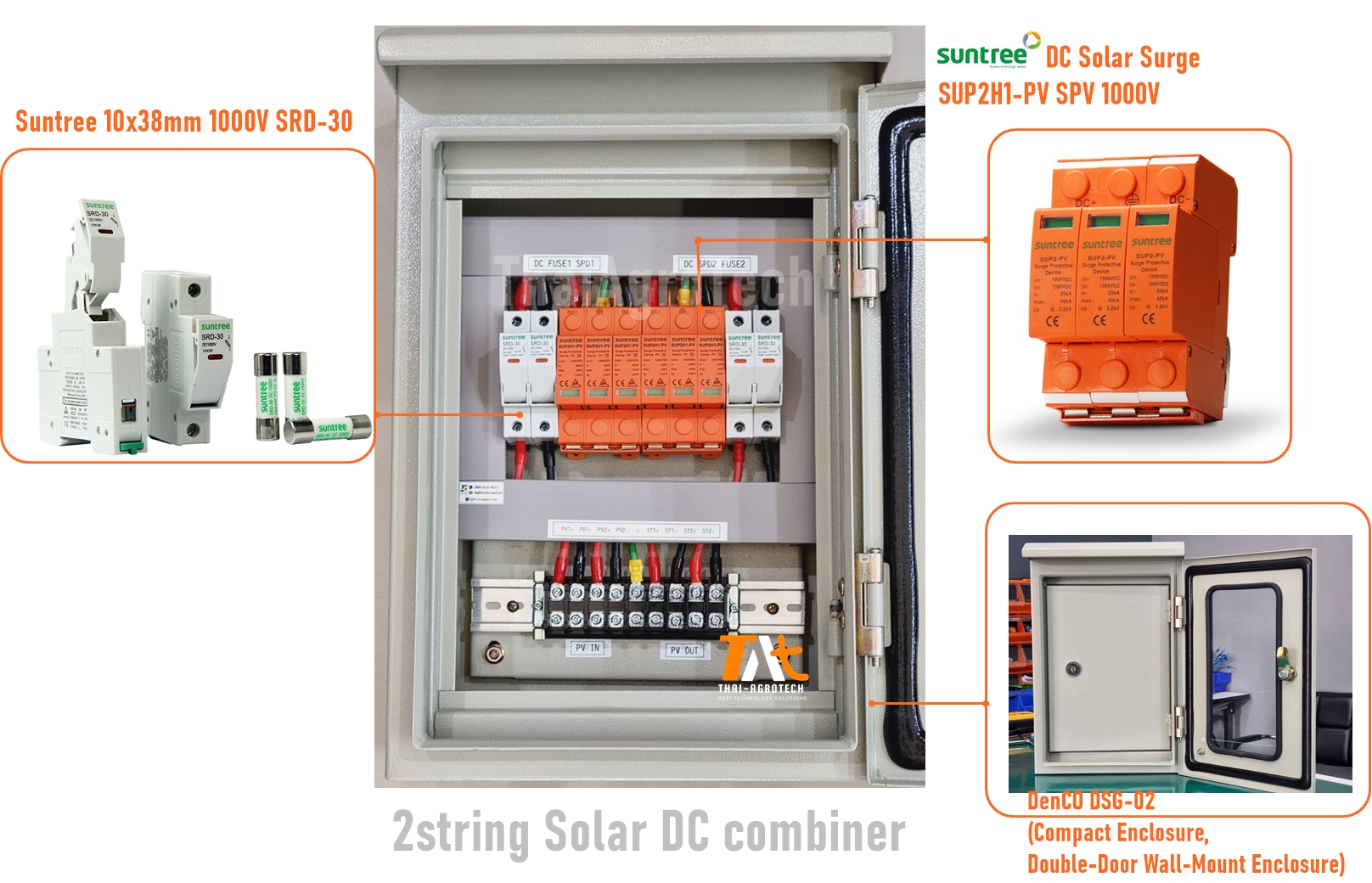 ตู้ดีซีคอมบายเนอร์ 2 สตริงสำหรับระบบโซล่าเซลล์ Solar 1000V DC combiner box 2string Ongrid, Hybrid, Offgrid system (ตู้กระจกสองชั้นกันน้ำแบบมีหลังคา IP45)