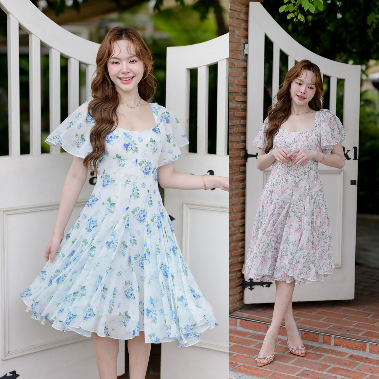 kudapy เดรสสั้นสีฟ้า/สีครีม คัตติ้งช่วงอกดีไซน์คอเหลี่ยม (square neckline) เปิดโชว์ช่วงบ่าหวานแบบคลาสสิก แอบแฝงความเซ็กซี่ แขนเสื้อทรงระบาย