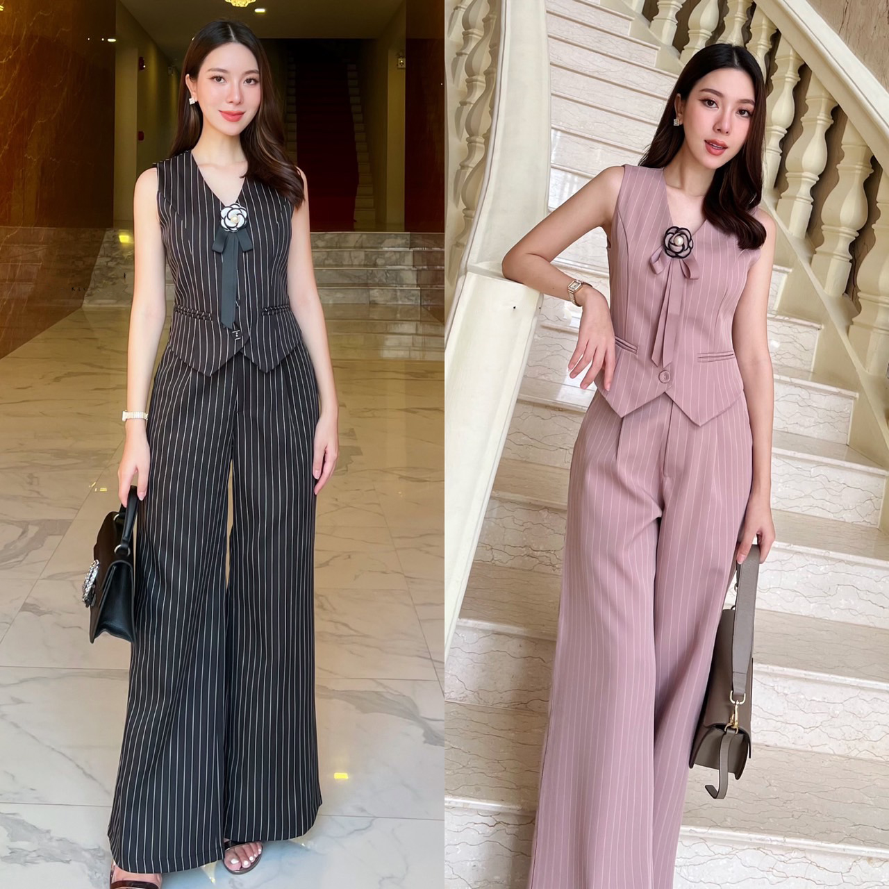 kudapy ชุดเซ็ทลายริ้วเสื้อแขนกุด+กางเกางขายาว ตัวเสื้อทรง vest กระดุมจริง แต่งกระเป๋าหลอกซ้ายขวา กางเกงขายาวใช้ผ้าเดียวกับเสื้อ