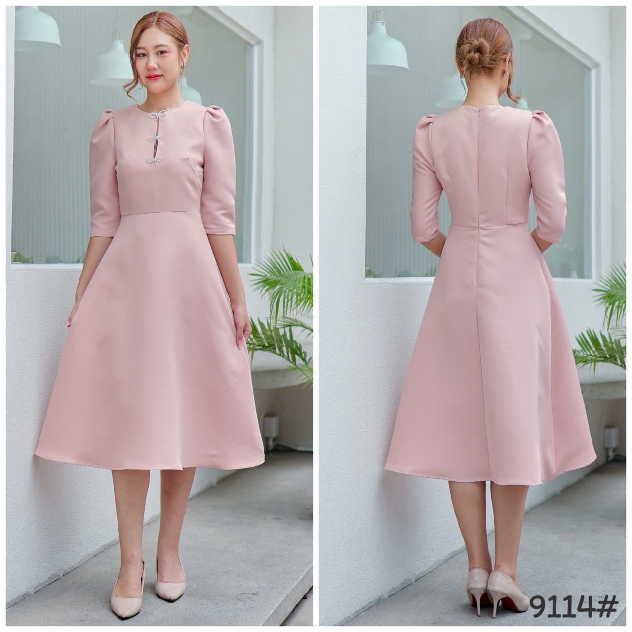 kudapy เดรสสัน ออกงาน ทรงสุภาพ มีเข็มกลัด3ชิ้น คัตติ้งเริศแบบอลัง เข้ารูป เก็บทรง กระโปรงบาน