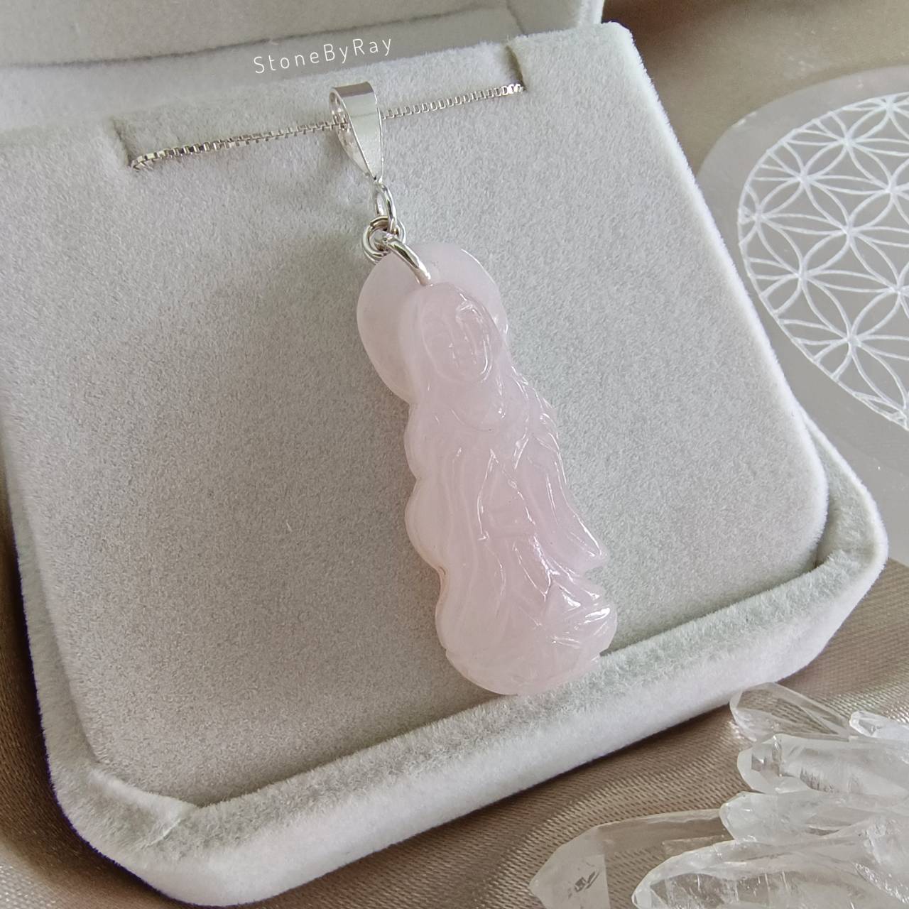 สร้อยคอเงิน+จี้หินโรสควอตซ์แกะสลักเจ้าแม่กวนอิม Rose Quartz
