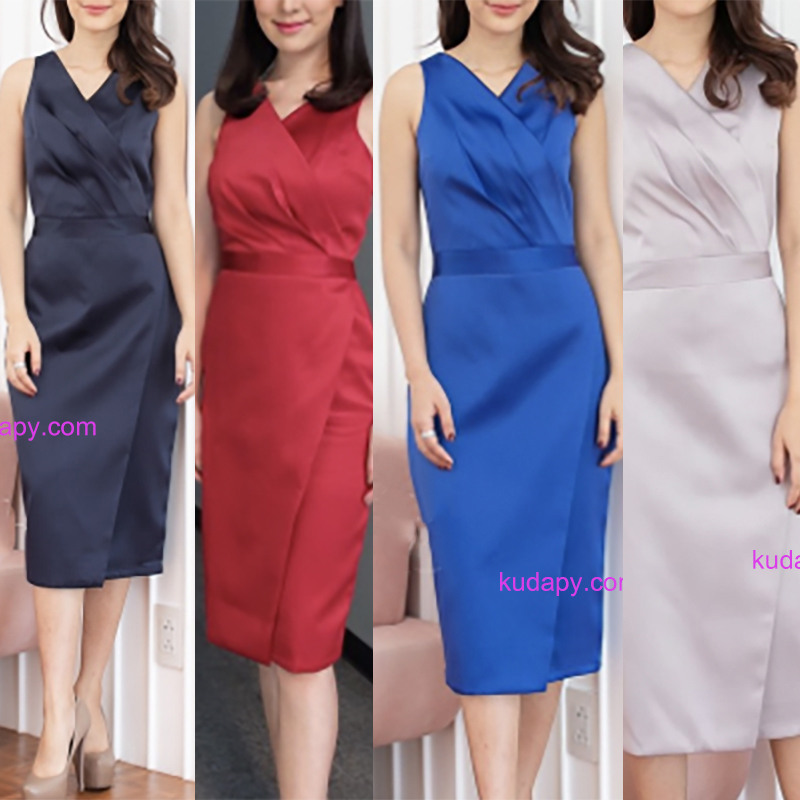 kudapy เดรสสั้นแขนกุดสีแดง,สีน้ำเงิน,สีเทา,สีกรมท่า คอวีใส่ออกงาน ผ้าซาร่าเนื้อเงา รีดอัดผ้ากาวอย่างดี