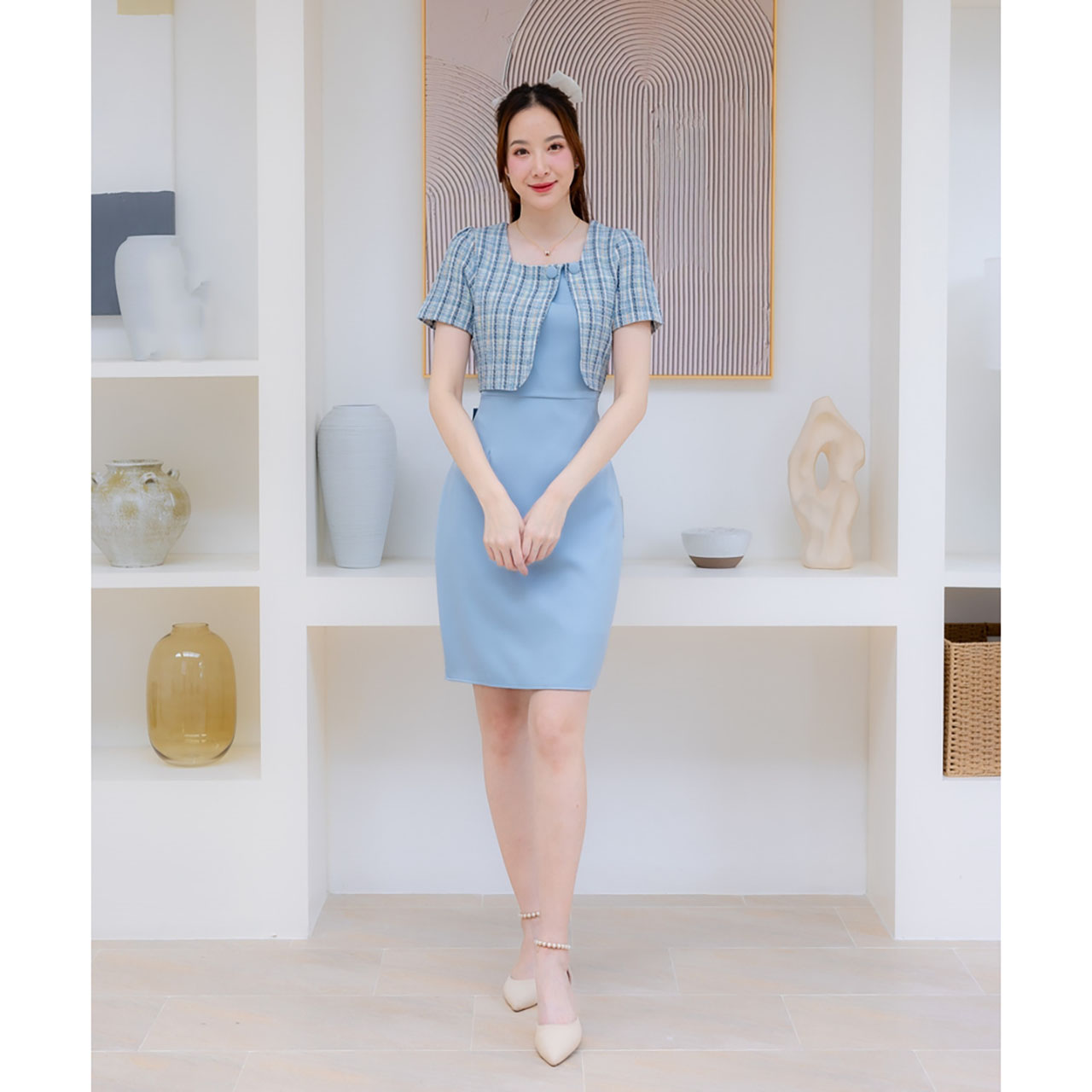 kudapy เดรสสั้นสีฟ้า/สีชมพุ/สีครีม ผ้าทอลายสก๊อตกระโปรงสีพื้น