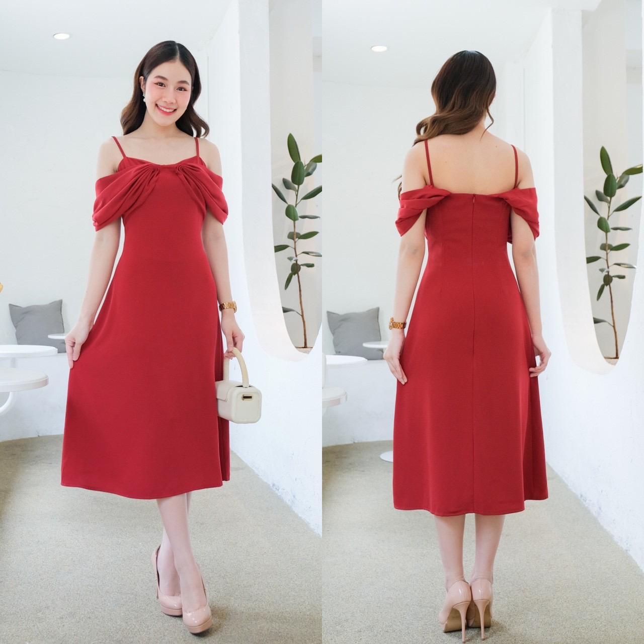 kudapy เดรสสั้นสีครีม/ชมพู/เขียวอ่อน/แดง สายเดี่ยว บ่าตก ใส่ปิดบ่า หรือเปิดบ่าก็สวย นื้อผ้านิ่มเย็น ใส่สบาย