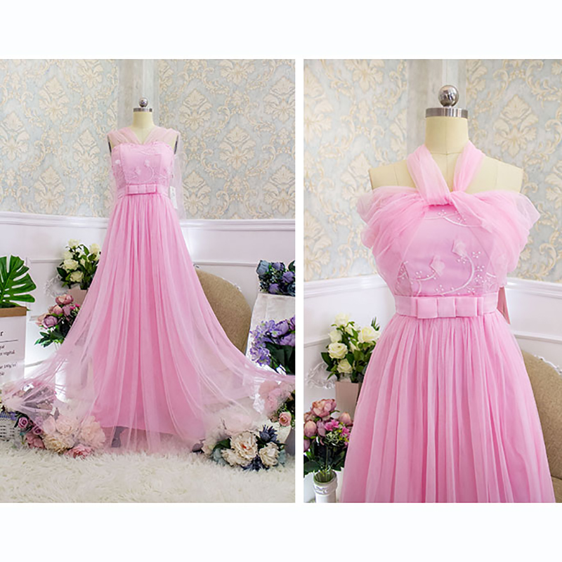 kudapy เดรสยาวสีชมพู ราตรีออกงาน เกาะอกผ้ายาวทำเป็นโบผูกด้านหลังเหมือนแบบ