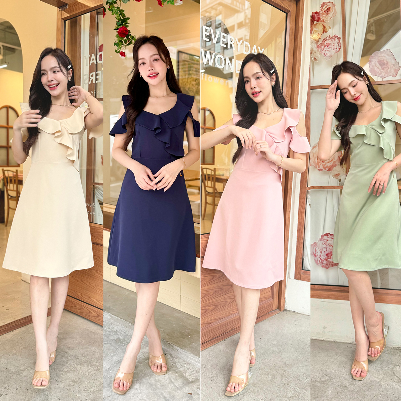 kudapy เดรสสั้นสีเขียวมัทฉะ/สีสีครีม/สีกรม/สีชมพู ทรงเว้าไหล่ เพิ่มความ feminine ด้วยการแต่งระบาย ด้านหน้า และที่แขน ต่อด้วยกระโปรงทรงเอความยาวคลุมเข่า