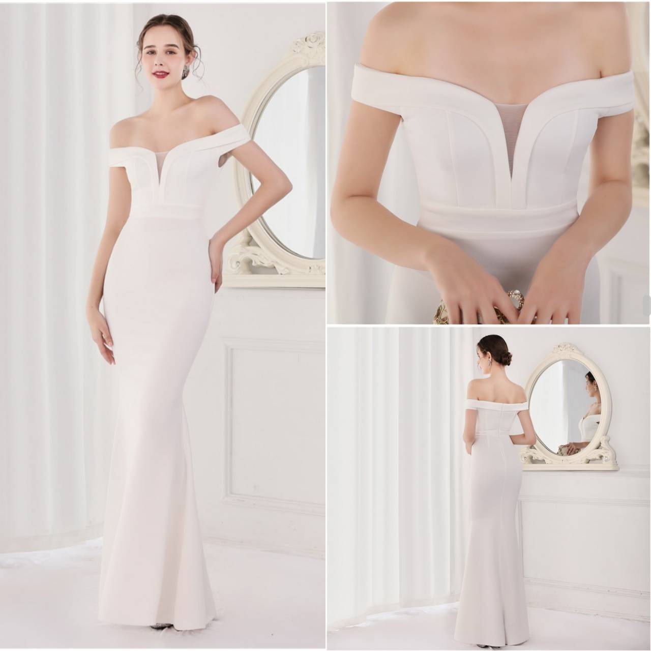 kudapy ชุดราตรียาวเปิดไหล่กริสเตอร์ทอแสง สีแดงไวน์ สีดำ สีขาว สีครีม สีเขียว สีน้ำเงินกรมท่า เดรสเกาะแขน เนื้อผ้าขยายได้ สวมเข้ารูป ทรงสวย เรียบหรู มีบราเย็บติดข้างในชุด ซิปหลัง