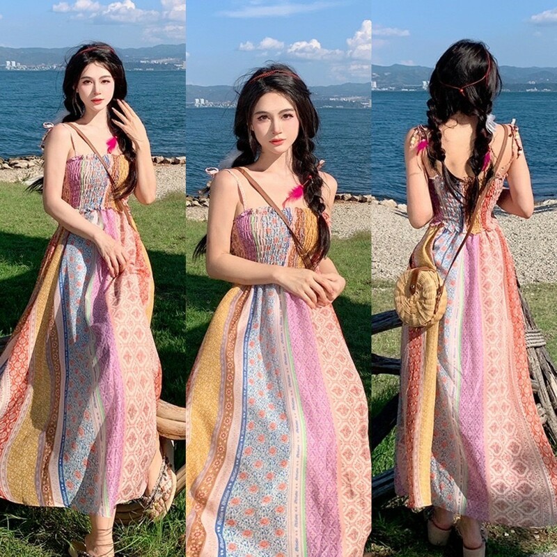 kudapy เดรสยาวสายเดี่ยวเที่ยวทะเล สายเดี่ยวผูกไหล่ พิมลายสีสวยมากค่ะ