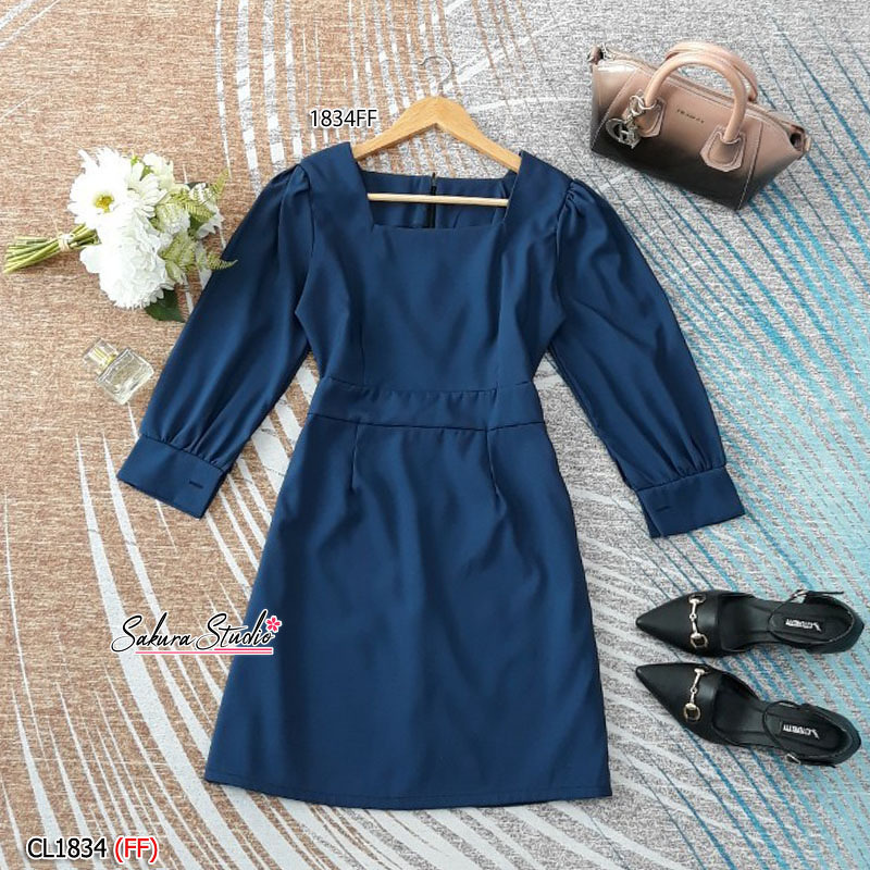 kudapy เดรสสั้น แขนยาว คอเหลี่ยม งานผ้าซาร่าอย่างดี มีซิปซ่อนหลัง เอวไม่สม็อค