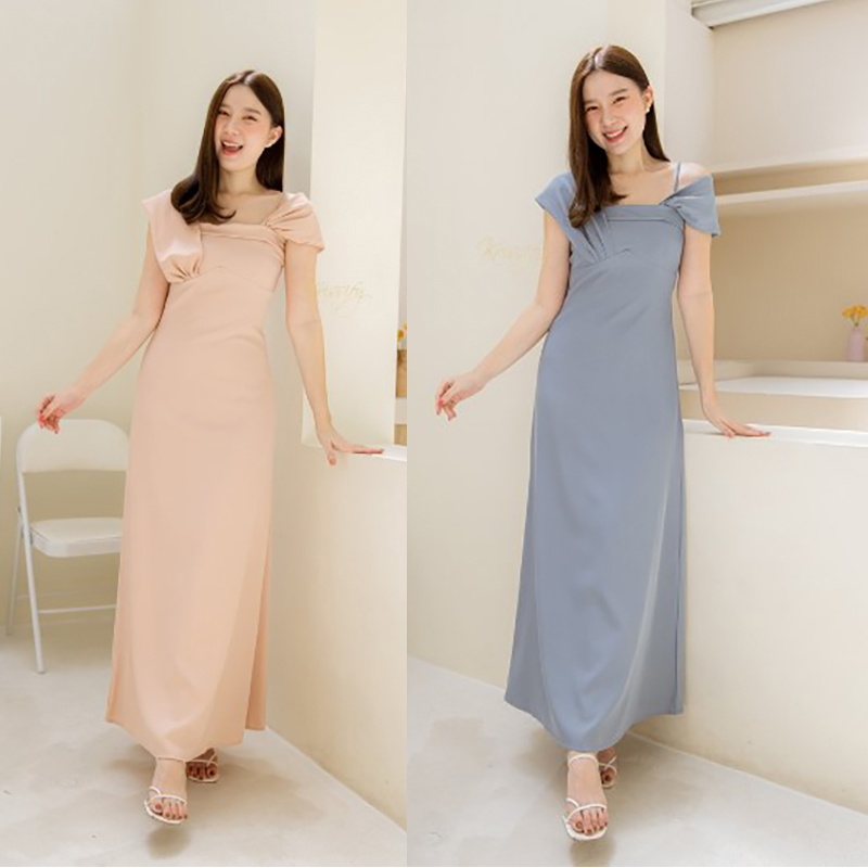 kudapy เดรสยาวสีชมพูนุ้ด/สีน้ำเงินเทา สายเดี่ยวราตรียาวผ้า Tory เนื้อดีมีน้ำหนักพริ้วสวย ผ้าแขนจับจีบจะใส่เปิดหรือปิดไหล่ก็ได้