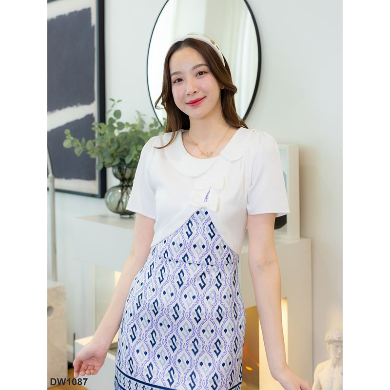 kudapy เดรสสั้นสีแดง/สีขาว/สีชมพู/สีส้ม/สีกรม ผ้าไทยกั๊กแต่งโบว์ ใส่สบายสวยดูดี