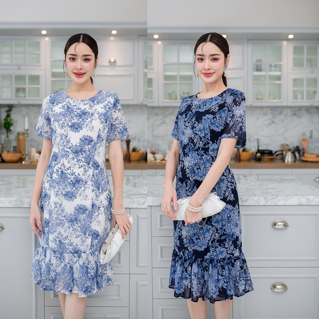 kudapy เดรสสั้นสีขาว/สีกรม ผ้าชีฟองผ้าใส่สบายพิมพ์ลายดอกไม้ ทรงแขนสัั้นชายกระโปรงระบาย