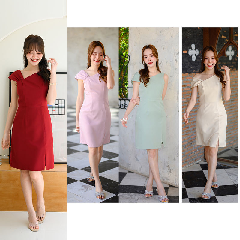 kudapy เดรสสั้นสีชมพู/สีครีม/สีเขียวมัทฉะ/สีแดง ดีไซน์ใหม่ของทางร้าน เก๋ๆ ชิคๆ ด้านนึงเป็นแขนกุดคอเฉียงลงมาที่อก แขนอีกข้างเป็นส่งกลีบบัวจับจีบนิดๆ