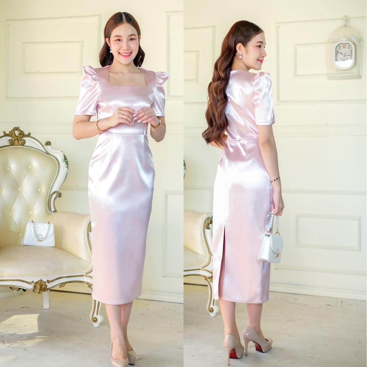 kudapy เดรสสั้นสีชมพู/สีทอง/สีกรมท่า/สีแดง/สีฟ้า ทรงสอบ คอเหลี่ยม แขนสั้น จับจีบยกบ่า กระโปรงทรงสอบ เก็บสะโพก