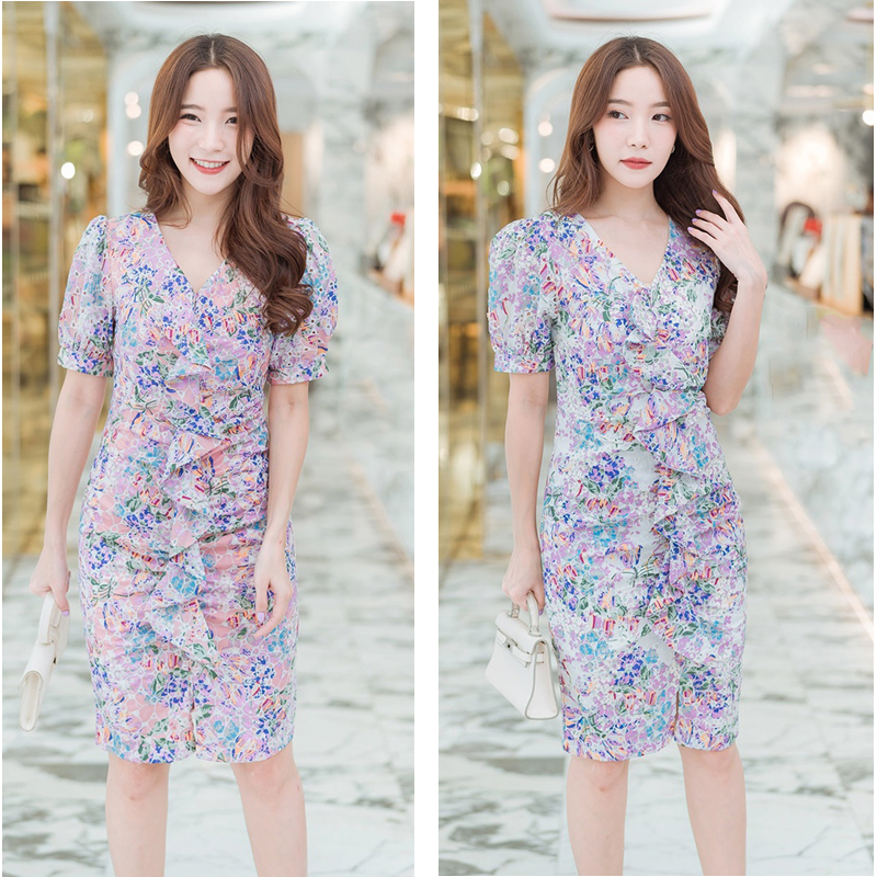 kudapy เดรสสั้นสีชมพู,ขาว ลายดอกไม้ใส่ดูสวย