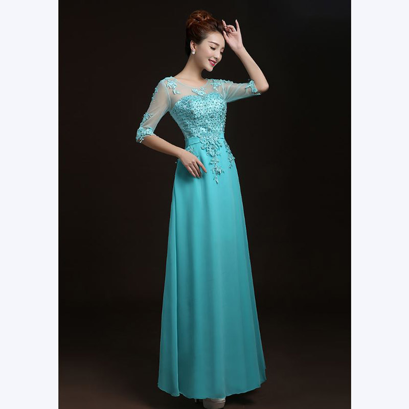 kudapy ชุดราตรียาวสีชมพู/ฟ้า แขนยาว แบบเรียบหรู แต่งลูกไม้เซาะดอก ปักลูกปัดมุก