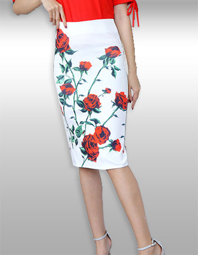กระโปรงแฟชั่นสีขาวลายกุหลาบแดง ทรงกระสอบ ผ้ายืด งานสวยมากค่ะ