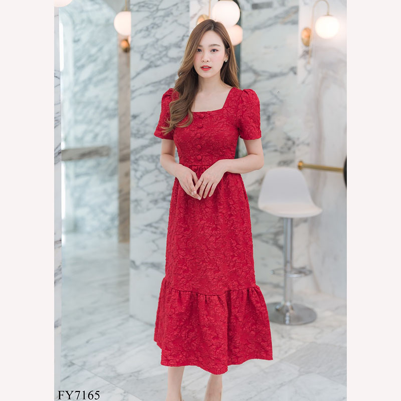 kudapyเดรสยาวสีแดง/สีชมพู/สีขาว แขนกระบอกสั้น ใส่สบายสวยดูดี