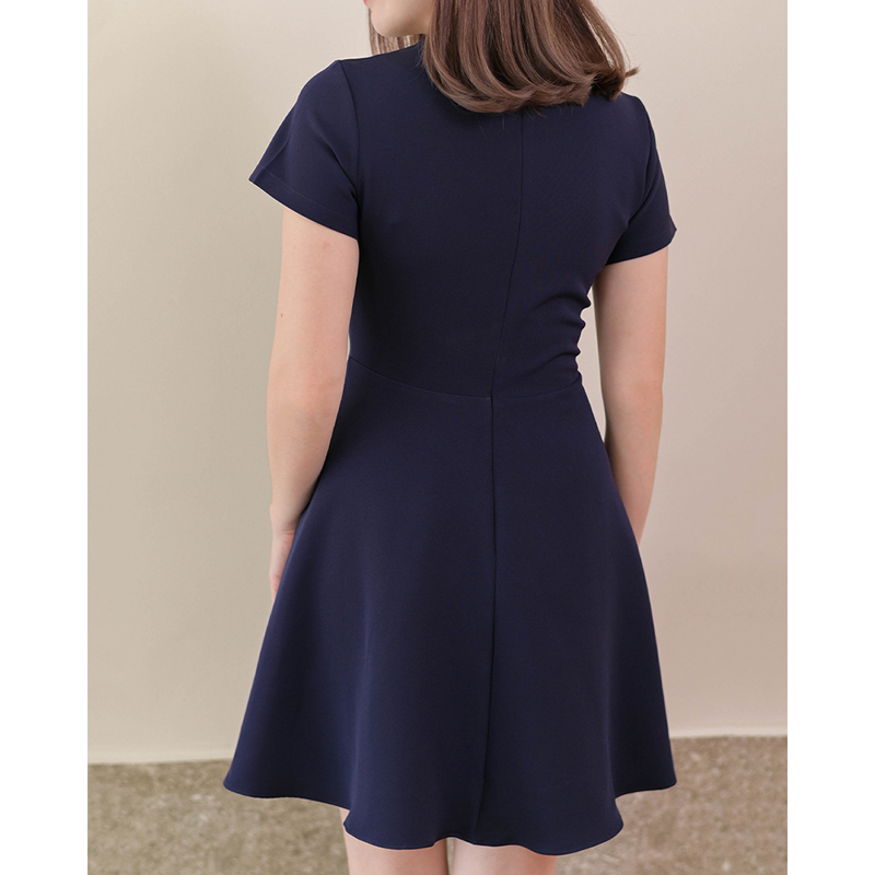 kudapy เดรสสั้นสีกรม/สีน้ำตาลเข้ม/สีส้มอิฐ คอแหลม ตัดต่อป้ายหน้ากิโมโน กระโปรงทรงวงกลม มีซับในกระโปรง