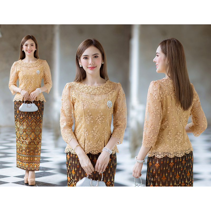 kudapy (เฉพาะเสื้อ) เสื้อลูกไม้สีทอง/สีดำ/สีม่วง/สีขาว ตัวเสื้อใช้ผ้าลูกไม้ใยบวบเนื้อดีลายลูกไม้แน่นทั้งตัว ตัวเสื้อมาพร้อมซับในเนื้อดีในตัว