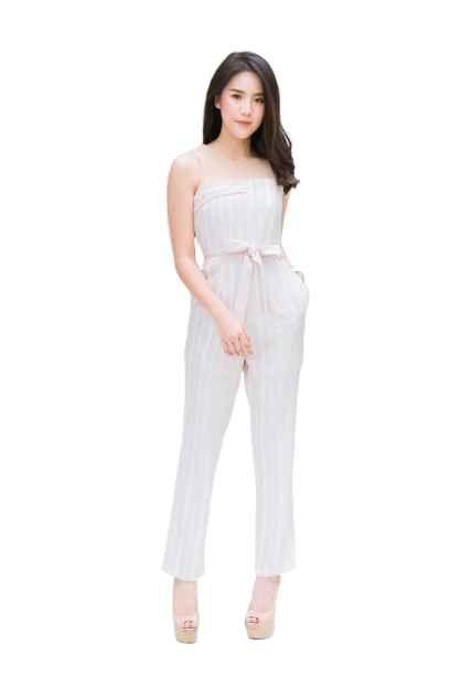 จั้มสูทสีชมพู ลายทางขายาวสไตล์เก๋ แต่งอกตาข่าย