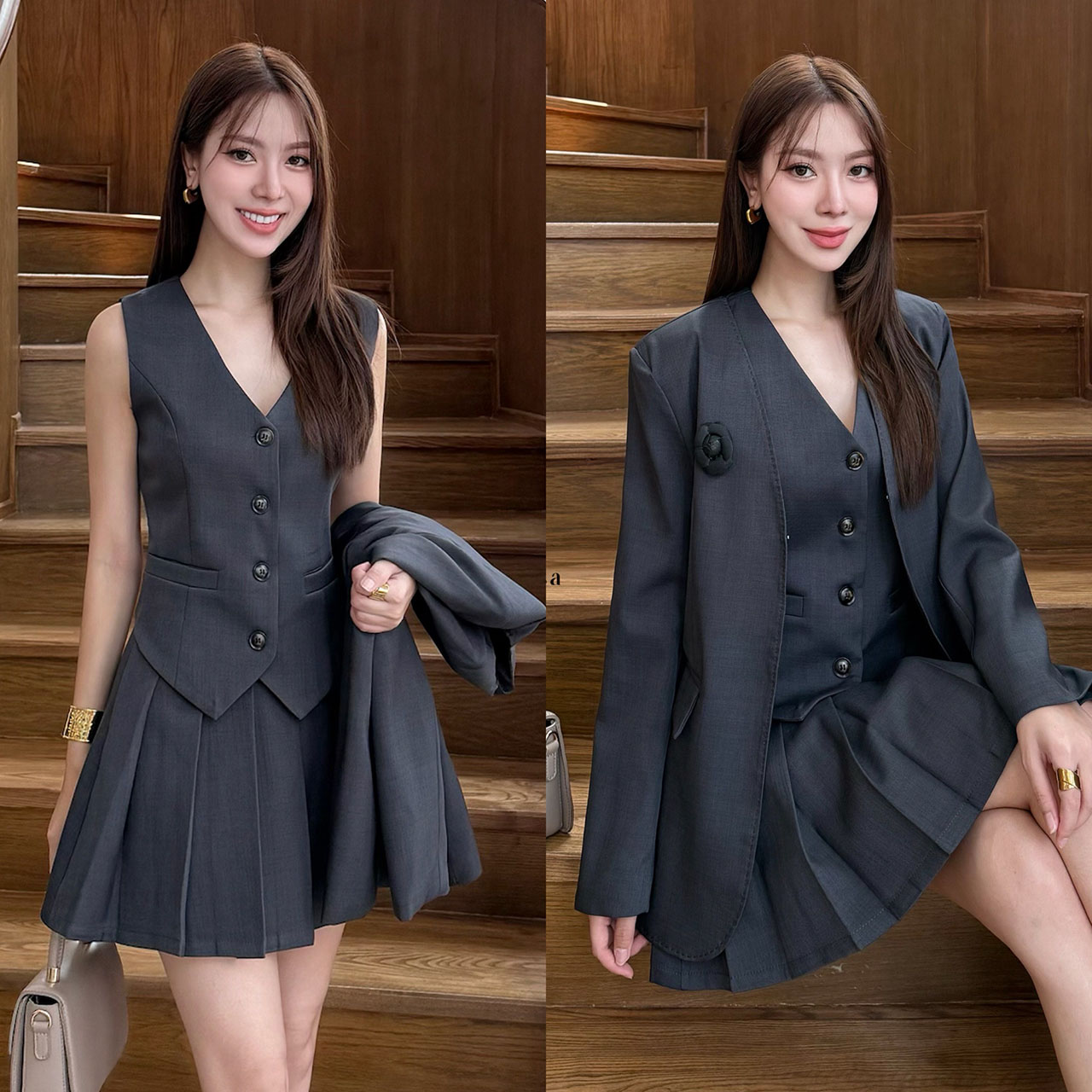 kudapy เซ็ท 4 ชิ้น เสื้อสูท+เสื้อ vestด้านใน +กระโปรง(กางเกงเป็นซับใน)+เข็มกลัดดอกไม้ ใช้ผ้าเดียวกันทั้งเซ็ท ตัวเสื้อสูทมีซับในอย่างดี