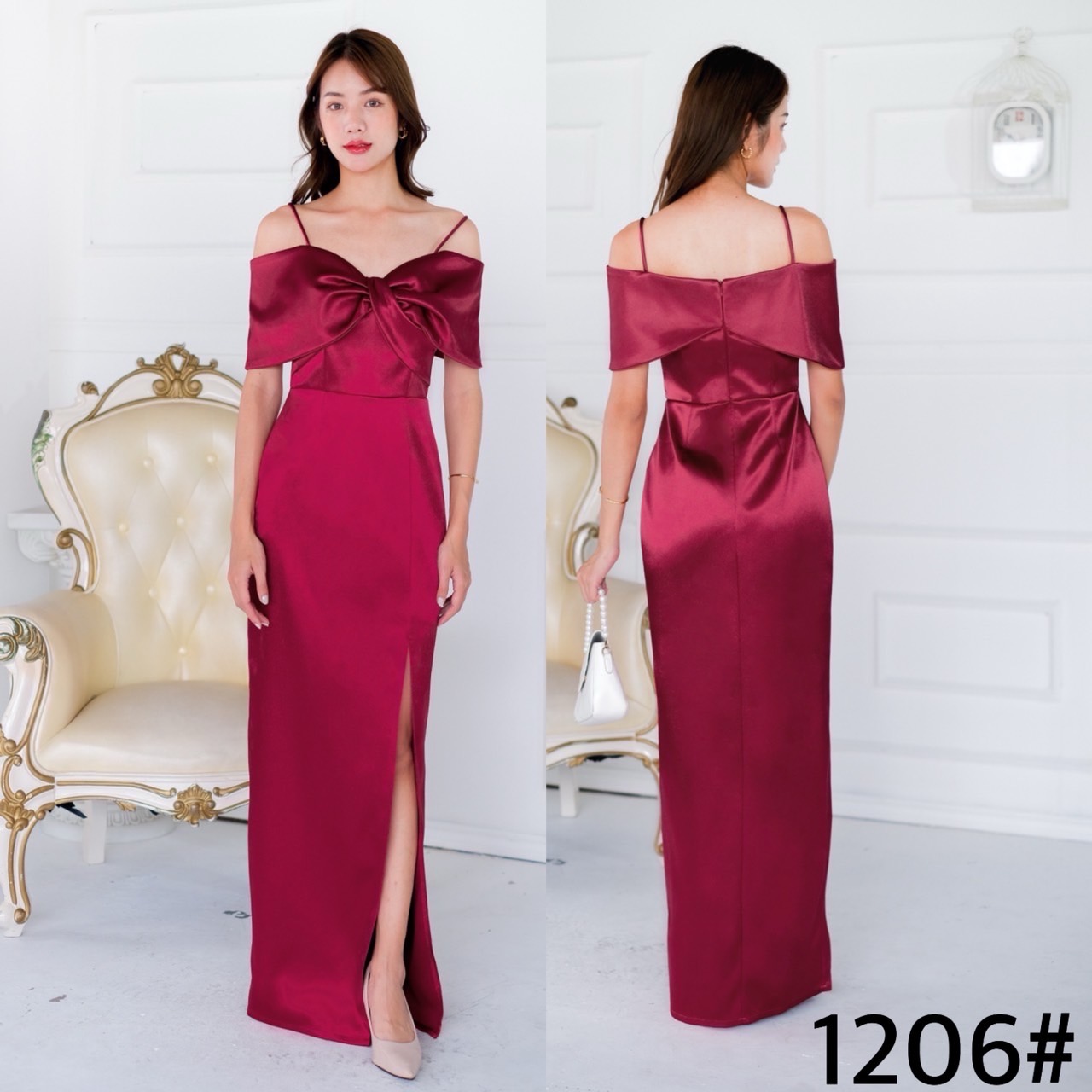 kudapy เดรสยาวเปิดบ่า ทวิชช่วงอก มีสายคาดบ่าให้ กระโปรงทรงบาน ความยาวครึ่งเข้ง เนื้อผ้าดัชเชสอัดกาว ผ้าเงาสวย อยู่ทรง