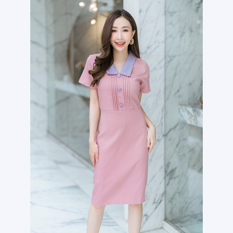 kudapy เดรสสั้นสีชมพู,ม่วง,สีเขียว คอปกจีบอกเนื้อผ้าดีใส่สบาย